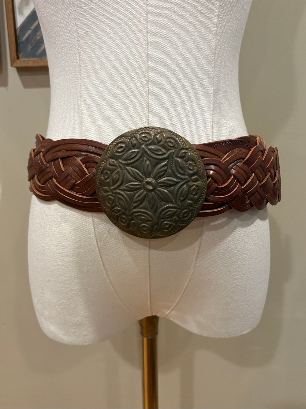 Vintage Ralph Lauren Collection 2002 Braided Leather Brass Tooled Buckle Belt S